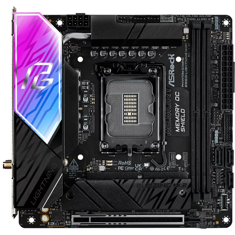 Placa-mãe ASROCK B860I Lightning WiFi — Intel B860, LGA 1851, Mini-ITX, DDR5, 2x DIMM, 4x M.2, 2.5Gb LAN, Wi‑Fi 6E, Bluetooth 5.3