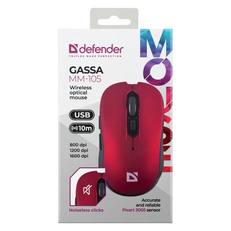 Rato sem fios RF silencioso DEFENDER Gassa MM-105 — ambidestro, 1600 DPI, 2,4 GHz, recetor nano USB