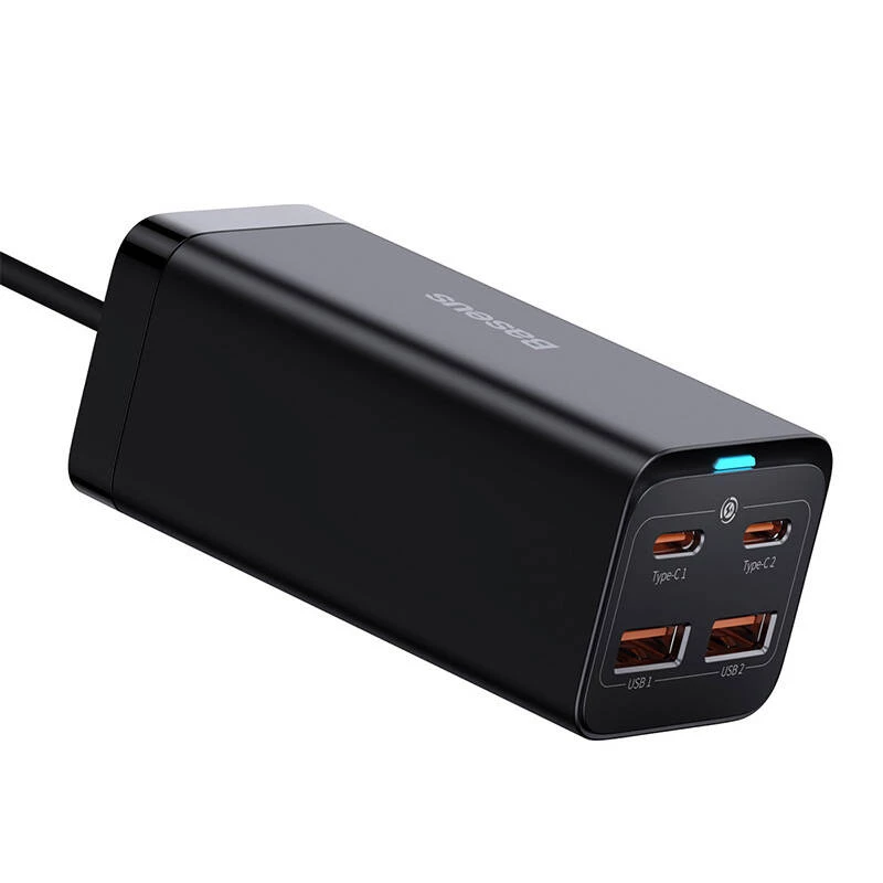 Baseus GaN3 Pro CCGP000101 carregador de secretária 100 W, 2x USB-C + 2x USB-A, PD 3.0, QC 4.0+, cabo de 1,5 m, preto