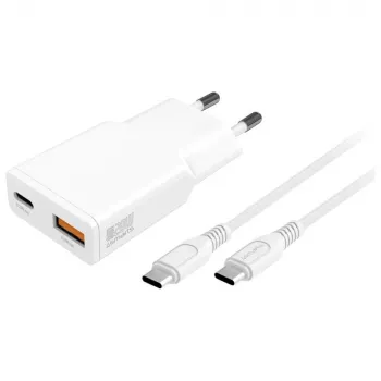 Carregador de dispositivo móvel interior AC 4smarts 541509 — 100–240V, USB-A + USB-C, cabo de 1,5 m, carregamento rápido, branco