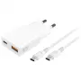 Carregador de dispositivo móvel interior AC 4smarts 541509 — 100–240V, USB-A + USB-C, cabo de 1,5 m, carregamento rápido, branco