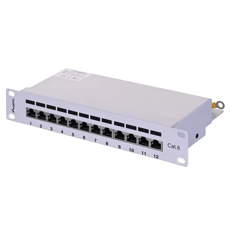 Patch panel LANBERG PPF6-9012-S, 12 portas, metal, cinzento, 1HE, 215×130×44.5 mm