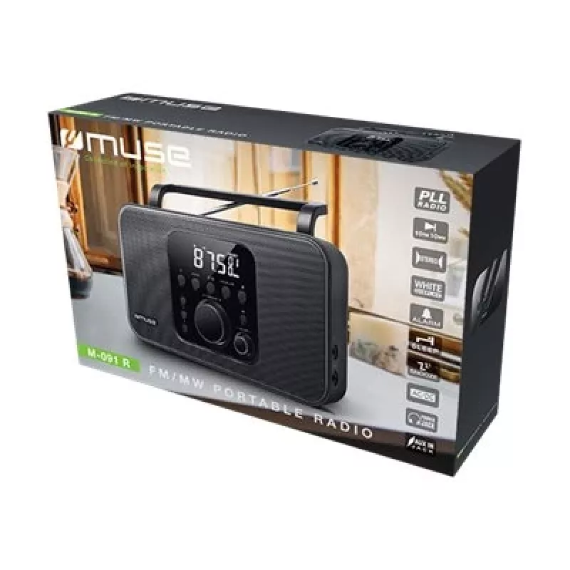 Muse M-091R rádio portátil, FM/AM, visor LCD, despertador, entrada AUX, alimentação por rede/pilhas, preto