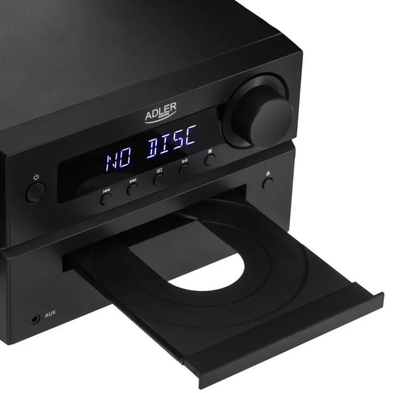 Mini sistema de alta fidelidade estéreo Adler AD 1917 — Bluetooth V5.3, CD/USB/MP3, 2×25 W RMS, sintonizador FM, equalizador de 4 bandas, AUX, preto