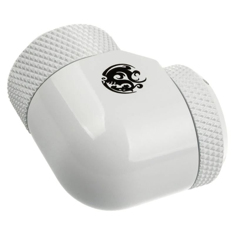 Adaptador 90° G1/4 rosca macho para tubo rígido de 14 mm, rotativo — BitsPower BP-DWE90RML14, branco