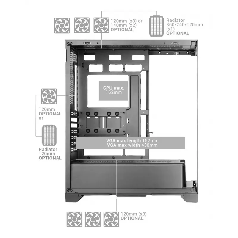Caixa de PC Midi-Tower TACENS Mars Gaming MCPRISMA, preta, vidro temperado, compatível com ATX/Micro-ATX/Mini-ITX, 2x 3,5