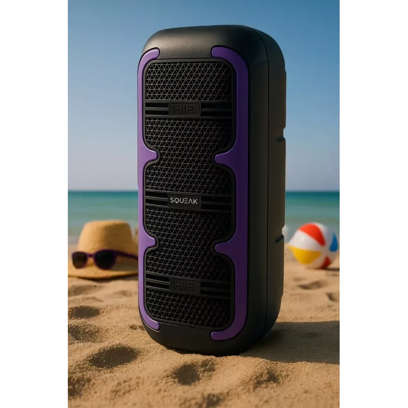 Altifalante estéreo portátil SQUEAK SQ1009 – Bluetooth 5.3, 45 W RMS, 10 h de autonomia, FM, USB, AUX, LED, 1800 mAh, preto