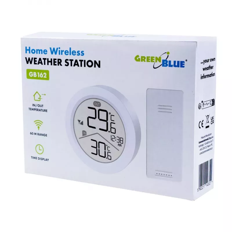 Estação meteorológica sem fios GreenBlue, temperatura IN/OUT, relógio, °C/°F selecionável, alcance até 60 m, GB162