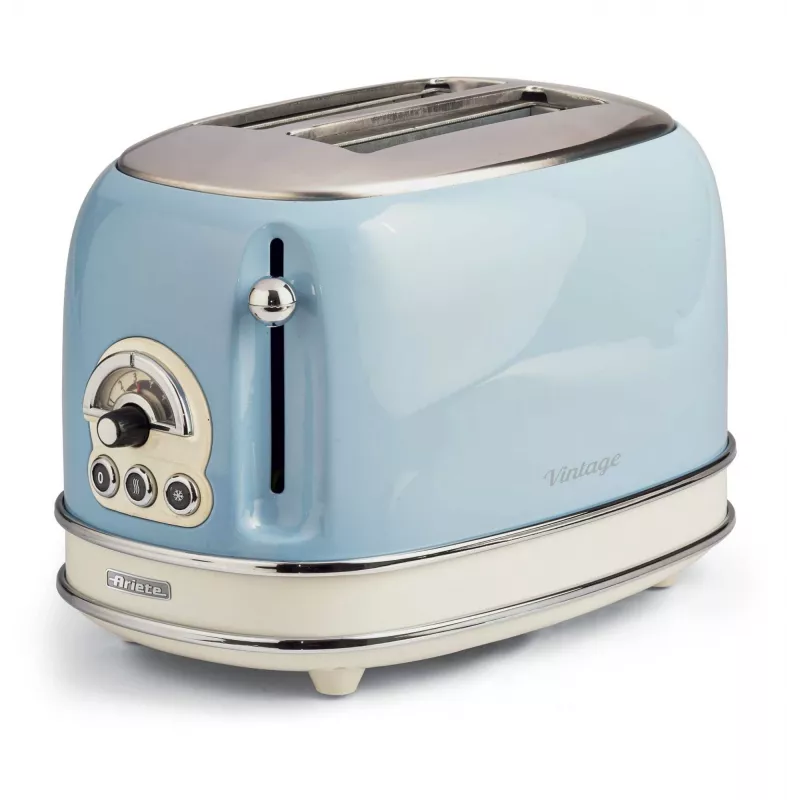 Torradeira Ariete 155 Design 2 fatias com cestos para sanduíches, 6 níveis de tostagem, 810 W, caixa em aço inoxidável, gaveta de migalhas removível, azul pastel