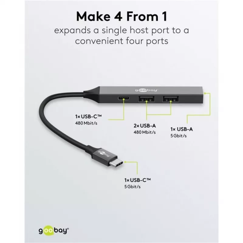 Hub USB Goobay Slim 4 portas, USB-C™ para USB-C™/USB-A, USB 3.2 (74459)