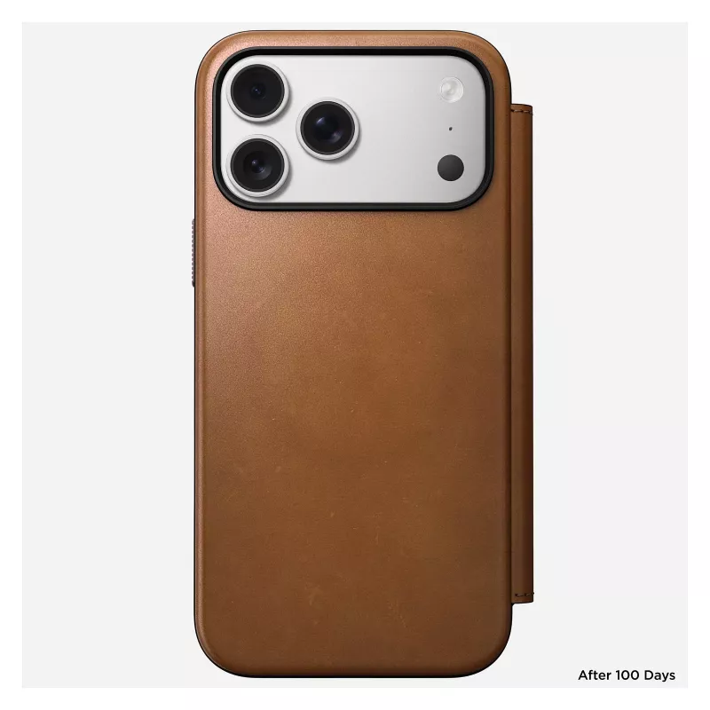 Capa tipo carteira para telemóvel Nomad Modern Leather Folio para iPhone 17 Pro Max – tan, compatível com ecrã até 17,5 cm (6,9 polegadas), 4 compartimentos para cartões