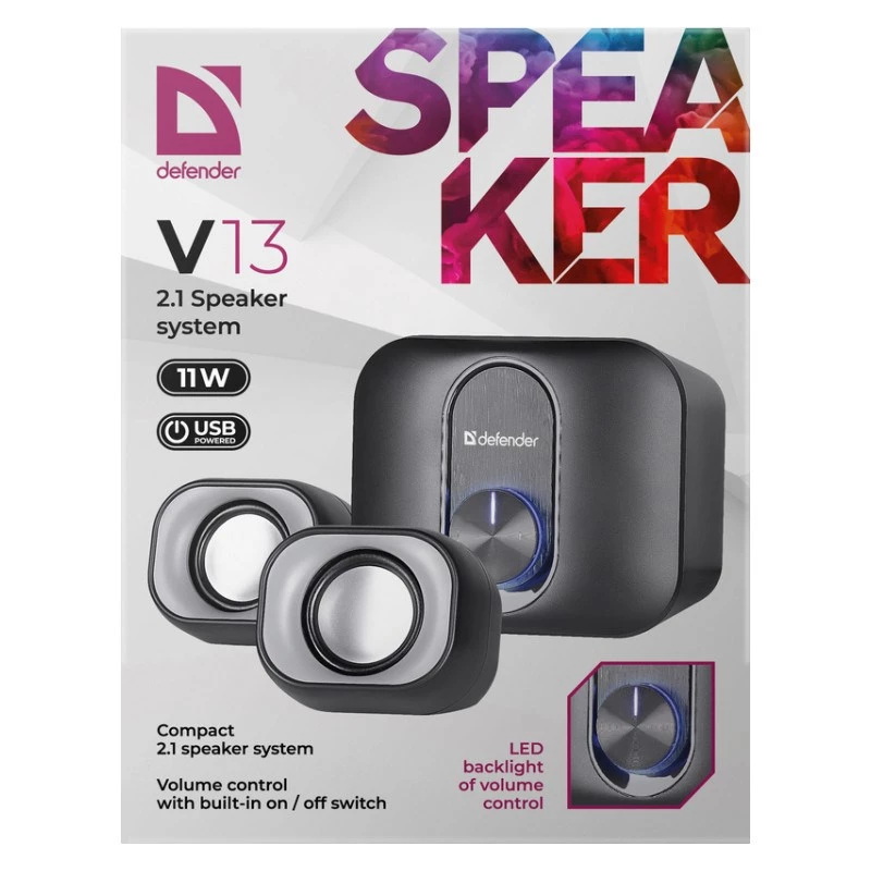 Altifalantes de secretária 2.1 DEFENDER V13 — 11 W RMS (6 W satélites, 5 W subwoofer), alimentação USB, entrada de 3,5 mm, preto