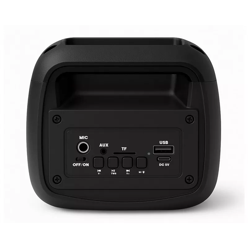 Altifalante estéreo portátil SQUEAK SQ1009 – Bluetooth 5.3, 45 W RMS, 10 h de autonomia, FM, USB, AUX, LED, 1800 mAh, preto