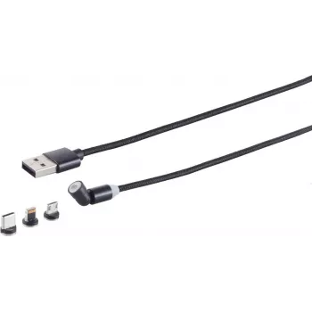 Cabo de carregamento USB-A magnético 3 em 1 ShiverPeaks 540° — preto, USB-A para ficha magnética múltipla