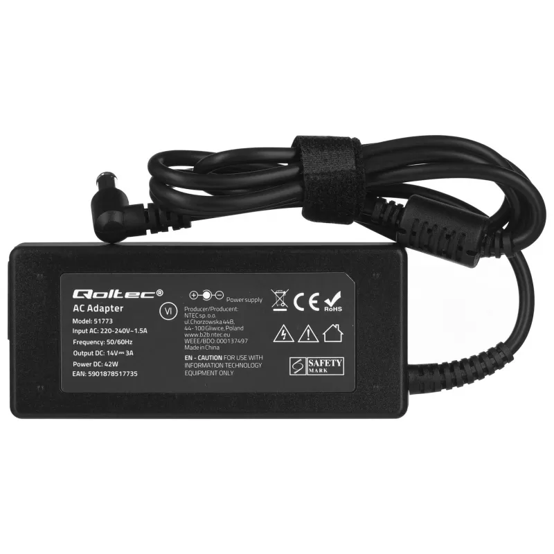 Qoltec 51773 adaptador de corrente CA para monitores Samsung, 42 W, 14 V 3 A, ficha de 6,5x4,4 mm, entrada 220–240 V 50/60 Hz