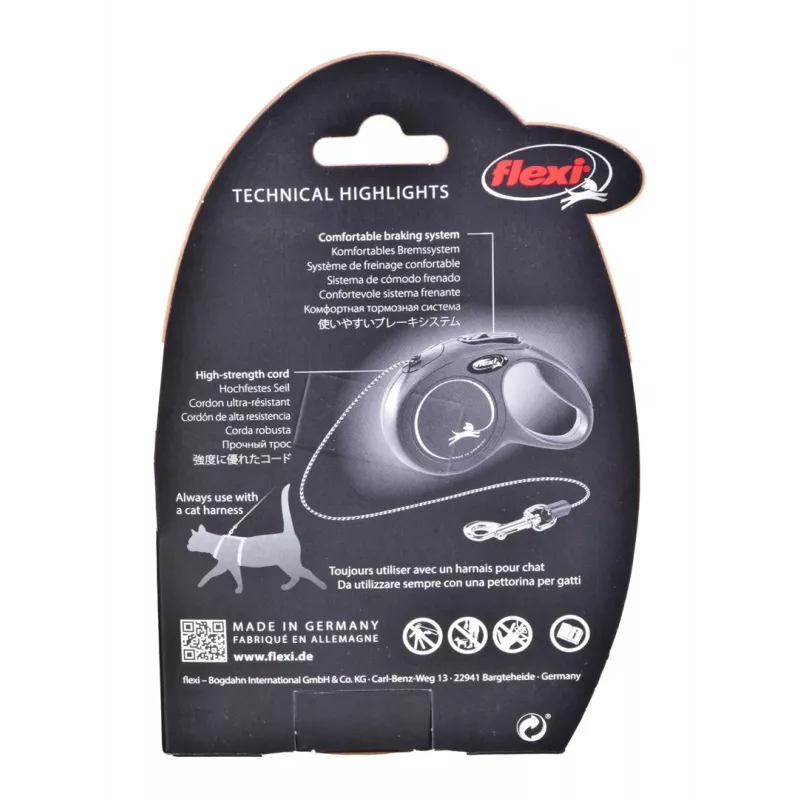 Trella Flexi New Classic Cat XS 3 m — trela de corda para animais pequenos, preta, carga máx. 8 kg