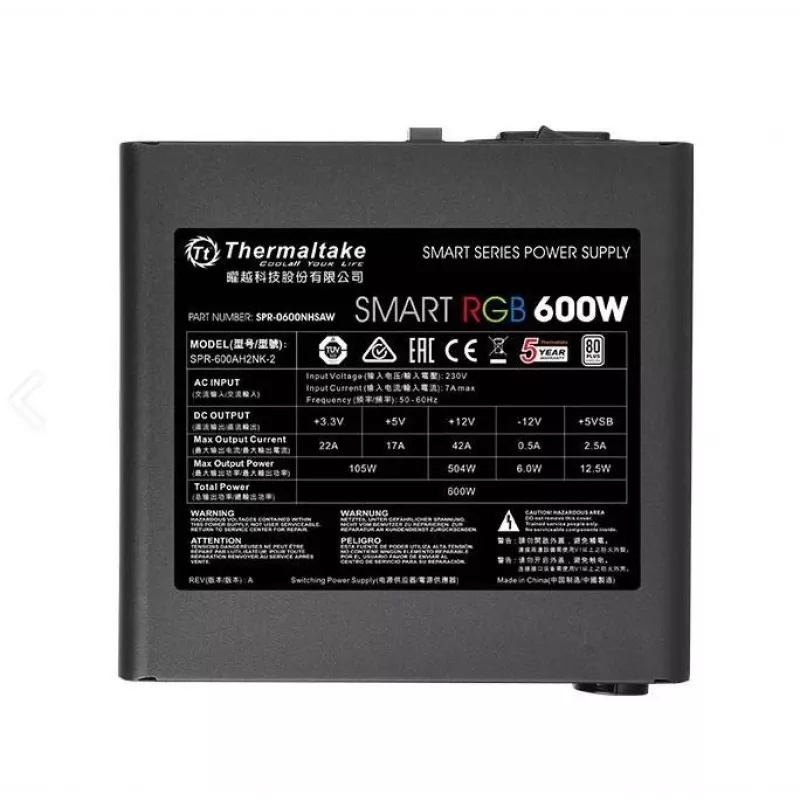 Thermaltake SMART RGB PS-SPR-0600NHSAWE-1 - fonte de alimentação (interna) - ATX12V 2.3 - 80 PLUS - AC 230 V - 600 Watt - PFC ativo - preto