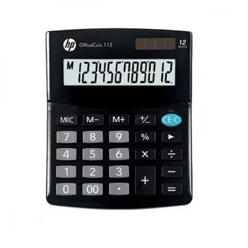 Calculadora de secretária HP OC 112 — LCD de 12 dígitos, pilha/solar, preto, 101×125×33 mm