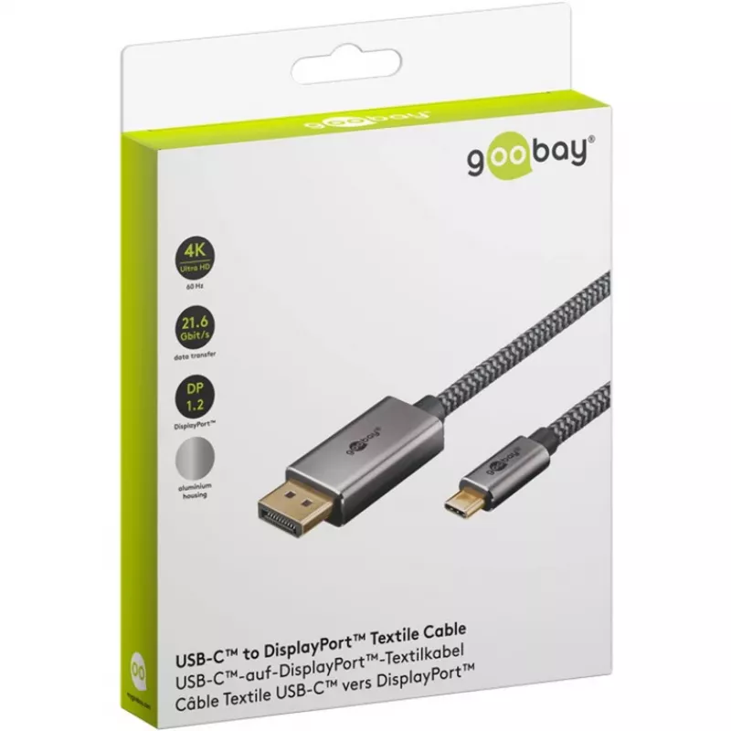 Cabo adaptador USB, ficha USB-C > ficha DisplayPort, 4K 60Hz (preto/prateado, 1 metro, cabo entrançado)