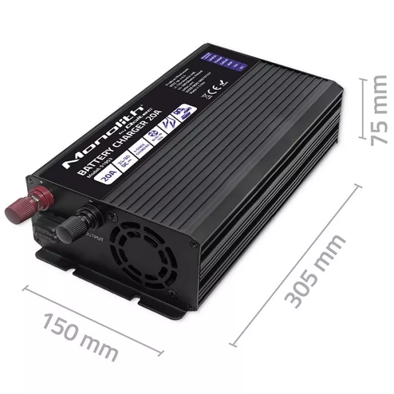 Carregador de baterias inteligente Qoltec Smart Monolith para baterias LiFePO4 AGM GEL SLA | 20A | 24V