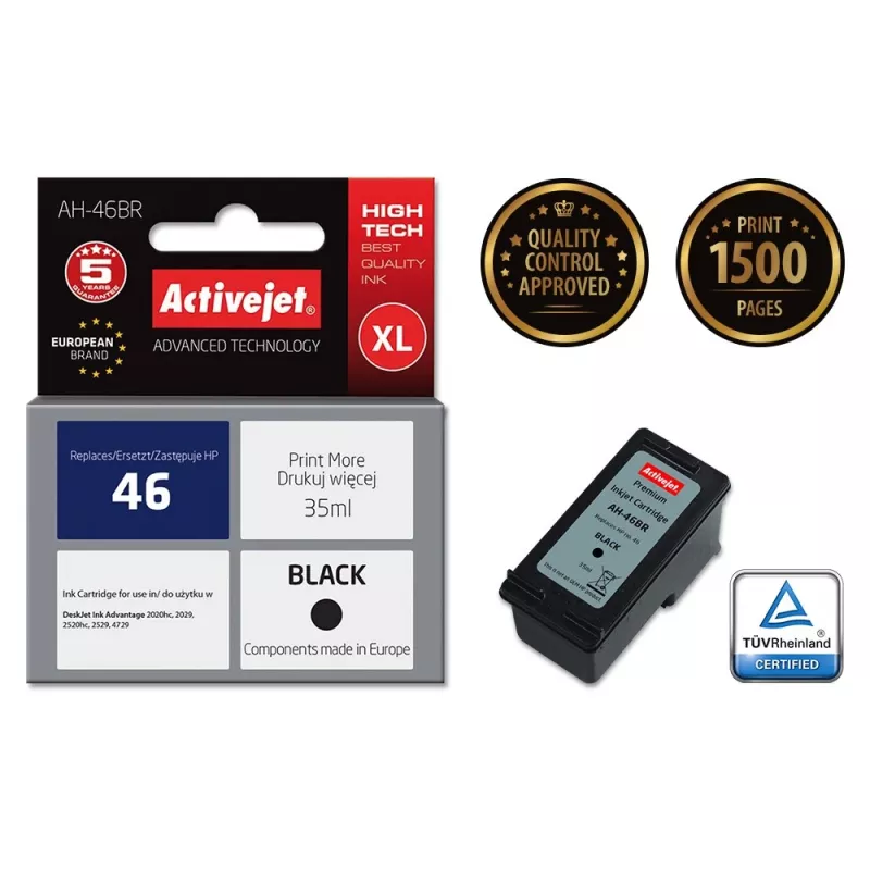 Tinteiro Activejet AH-46BR (substituto para HP 46 CZ637AE; Premium; 35 ml; preto)