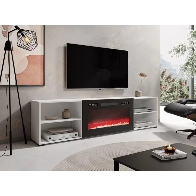 Móvel RTV POLO 200x33x50.5 branco + lareira preta