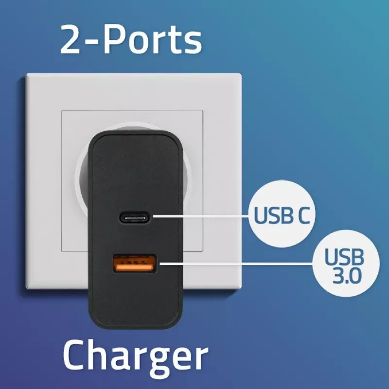Carregador Qoltec 52381 Super Quick PD | 1xUSB-C | 1xUSB | 90W | 5-20V | 2,4-4,35A | preto