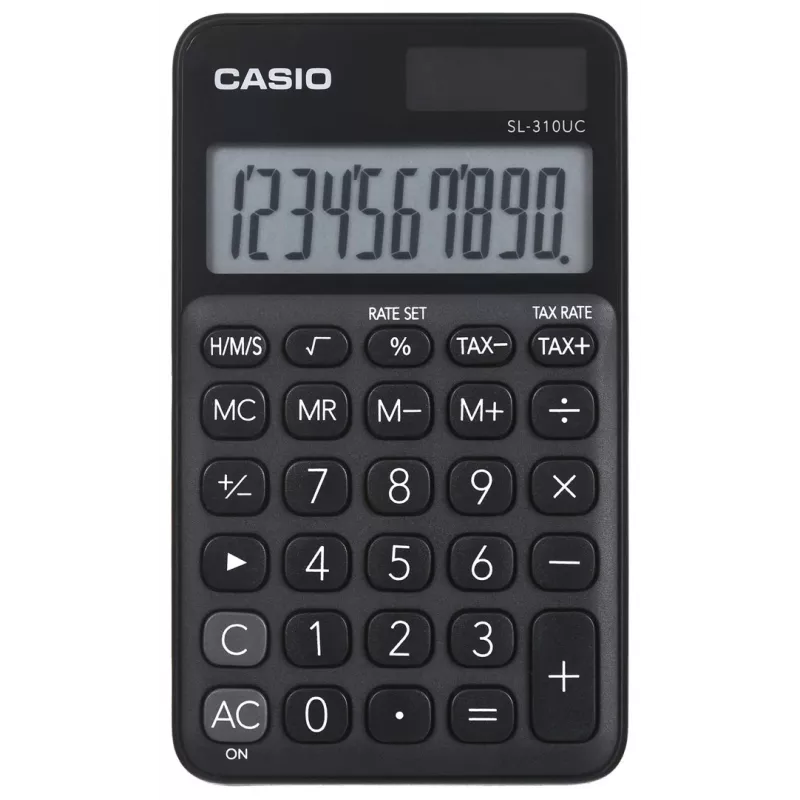 Calculadora básica CASIO SL-310UC-BK – 10 dígitos, pilha/solar, funções de imposto e margem, formato de bolso (70×118×8,4 mm), preto