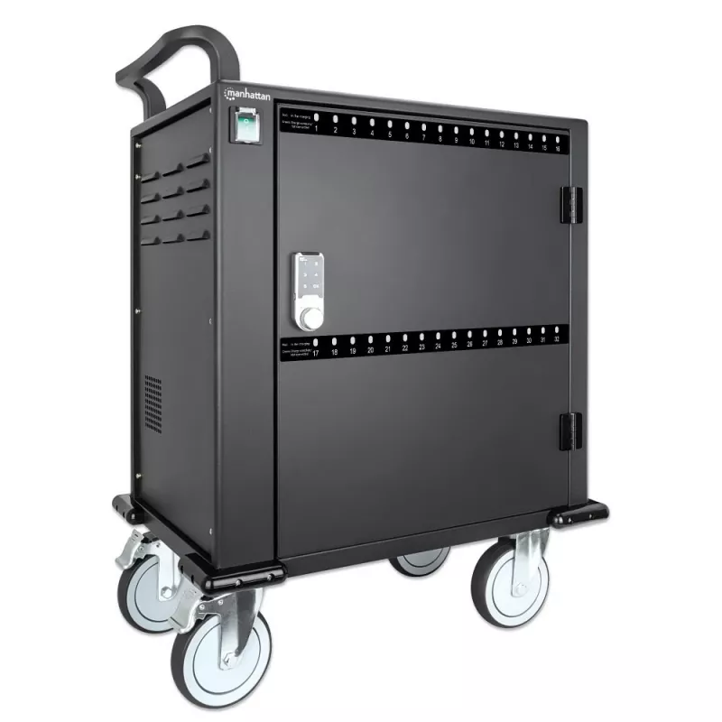 Carrinho de carregamento/trolley Manhattan 32 vias via USB-C para iPad até 13 polegadas, MacBook Air até 13 polegadas e Chromebook até 14 polegadas, também outros tablets/smartphones (com cabo dispositivo-para-USB-C), compartimentos 330x22x235 mm, cabo de carregamento do dispositivo não incluído (recomendado cabo USB-C 35