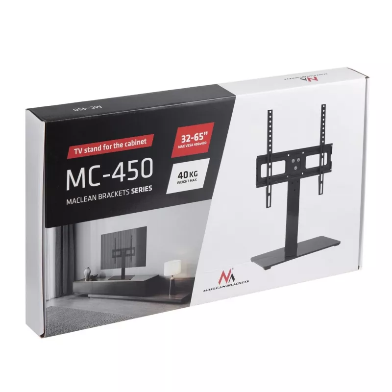 Suporte de TV MACLEAN MC-450 para TVs de 32–65 polegadas, carga máx. 40 kg, VESA até 400×400, base de mesa/secretária