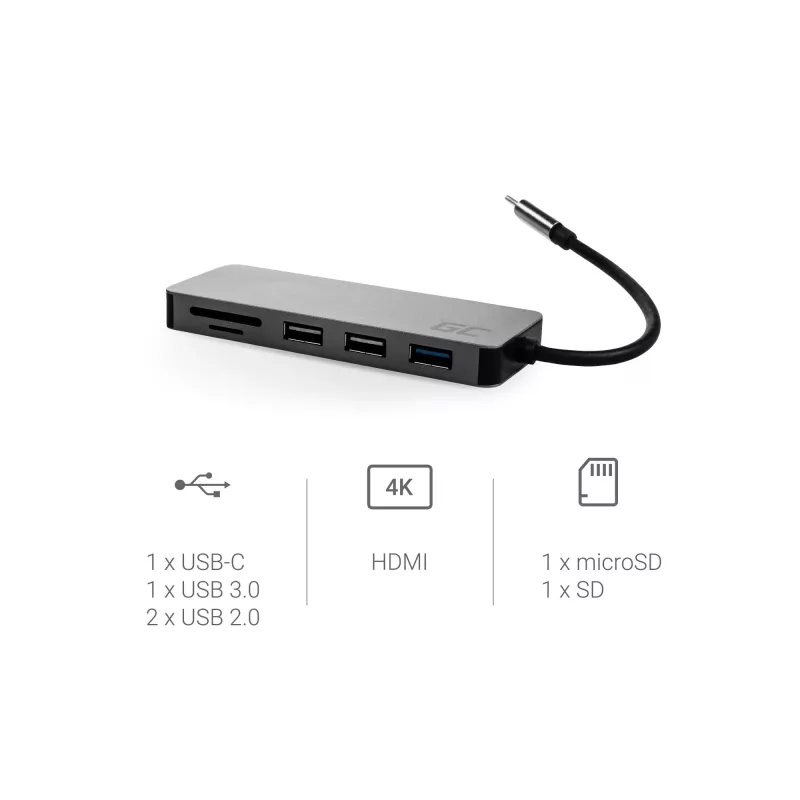 Green Cell AK50 - USB 3.2 Gen 1 (3.1 Gen 1) Type-C - USB 2.0 - USB 3.2 Gen 1 (3.1 Gen 1) Type-A - USB 3.2 Gen 1 (3.1 Gen 1) Type-C - MicroSD (TransFlash) - SD - prateado - Apple MacB