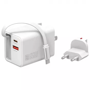 4smarts 541065 GaN Flex Jojo 65W carregador de parede, 2x USB-C PD + USB-A QC 3.0, cabo USB-C retrátil, 100-240V, branco