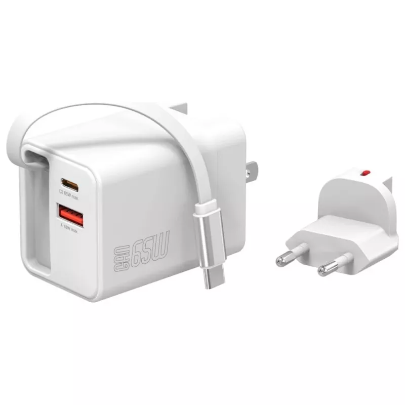 4smarts 541065 GaN Flex Jojo 65W carregador de parede, 2x USB-C PD + USB-A QC 3.0, cabo USB-C retrátil, 100-240V, branco