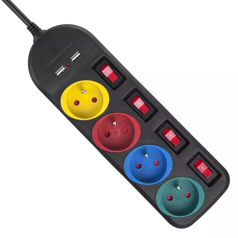 Extensão elétrica MACLEAN MCE229B — 4 tomadas AC, 2× USB-A, cabo de 1,5 m, 10 A, tipo F, interior, preto