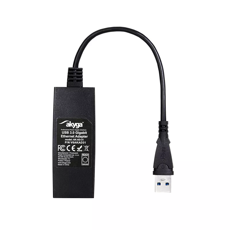 Adaptador Akyga AK-AD-31 USB 3.0 para Gigabit Ethernet, RJ45, cabo de 15 cm, preto