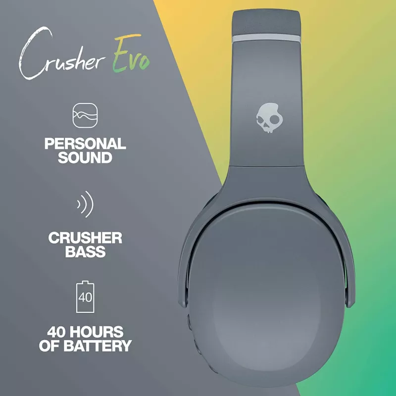 Auscultadores Skullcandy Crusher Evo — com fios e Bluetooth, cinzento, 40 h de bateria, USB-C, AUX, dobráveis