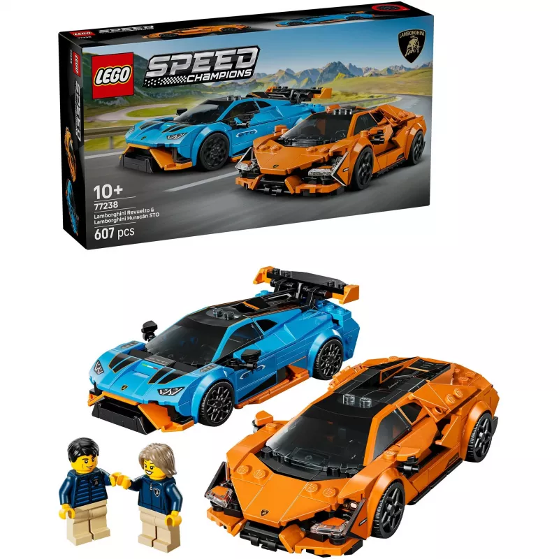 Conjunto LEGO Speed Champions 77238 — Lamborghini Revuelto & Huracán STO, 607 peças, 2 minifiguras, idade recomendada 10+