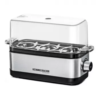 Cozedor de ovos Rommelsbacher ER 300 — 3 ovos aço inoxidável, 300 W, tampa transparente