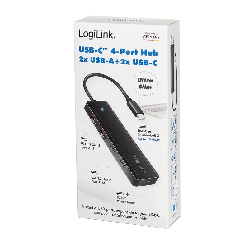 Hub USB-C, 4 portas 2x USB-A, 2x USB-C, preto