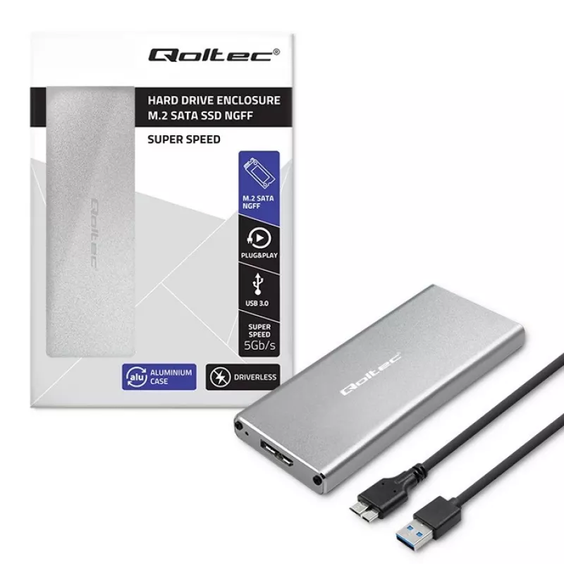 Caixa de alumínio QOLTEC 51833 para SSD M.2, SATA para USB 3.0, suporta até 2 TB