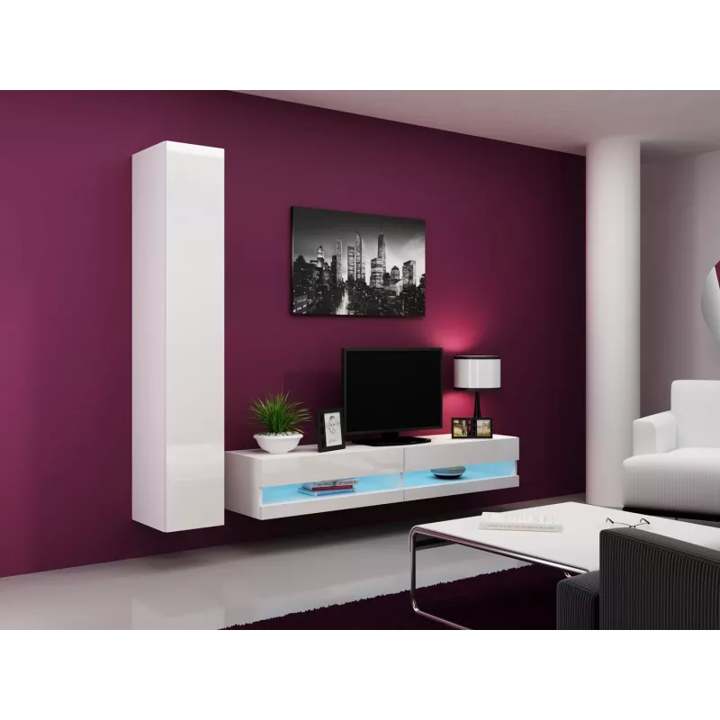Suporte de TV cama meble VIGO NEW 30/180/40, tampo branco brilhante, aglomerado, 1800×400×300 mm