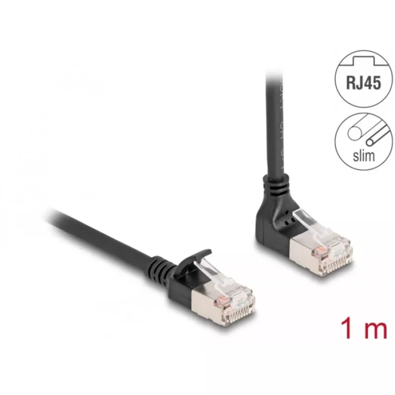 Cabo de rede RJ45 DeLOCK Cat.6A S/FTP fino 90° dobrado para cima 1 m preto