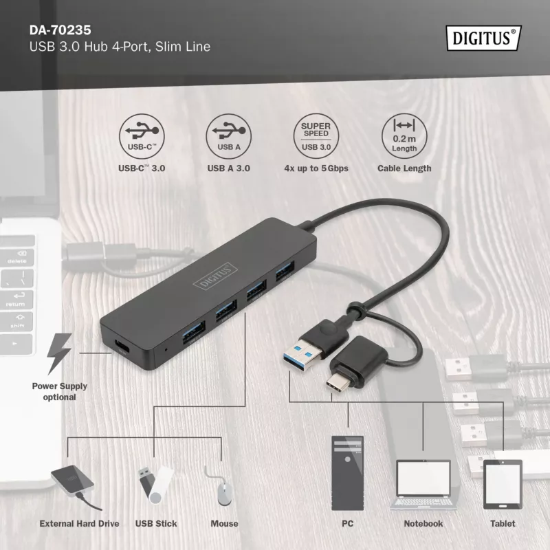 Hub USB, Digitus, DA-70235, 4 portas, USB 3.2 Gen 1, Type-A e Type-C, 12000 Mbit/s