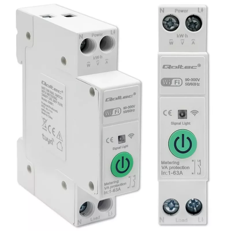 Relé Wi-Fi para calha DIN QOLTEC 50881 — Relé de comutação de rede 63A para instalações elétricas