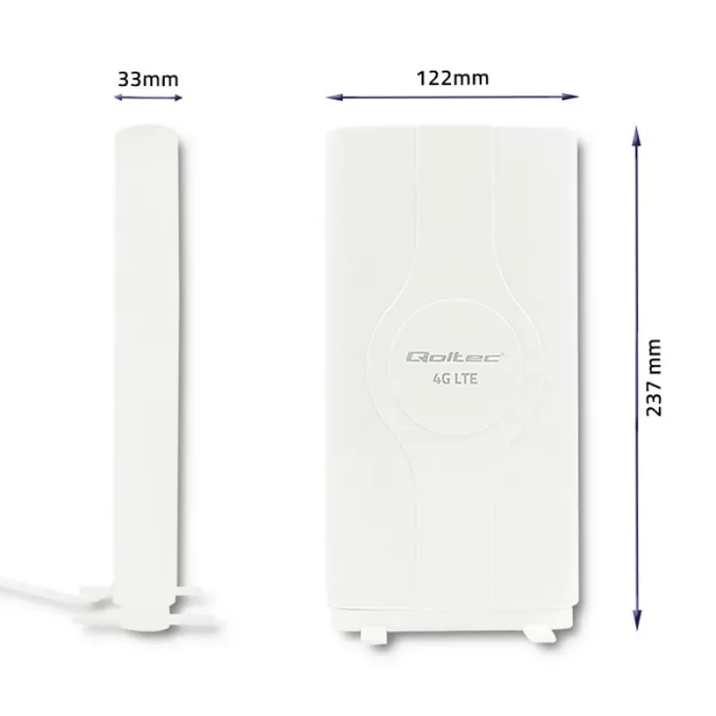 Qoltec 57013 antena omnidirecional 4G LTE de interior, 2x SMA, 0,6-2,7 GHz, 30 dBi, polarização vertical, 50 Ω, ABS branco