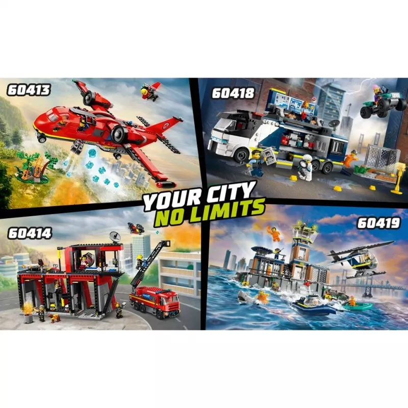 Brinquedo de construção LEGO City Quartel dos Bombeiros com veículo de escada giratória 60414 — 843 peças, 5 minifiguras, 220×320×140 mm