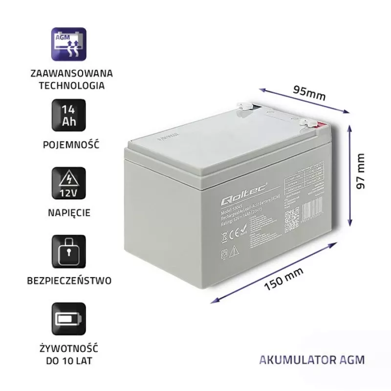 Qoltec 53045 Bateria AGM 12V 14Ah