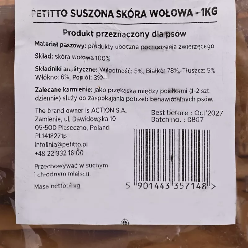 Guloseima para cães PETITTO pele de vaca seca, embalagem de 1 kg