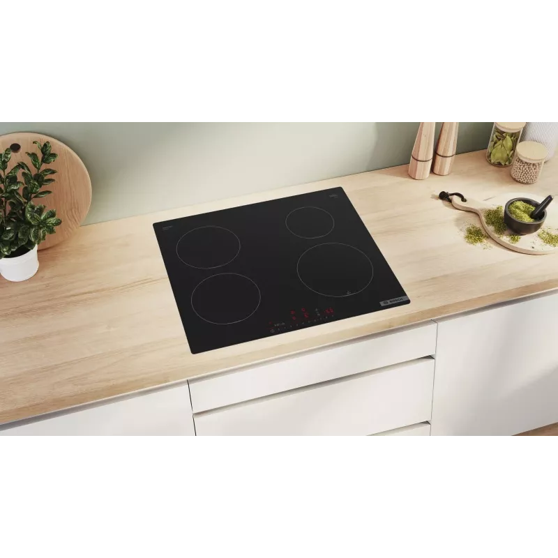 Placa encastrável Bosch PUE611HC1E, indução, 4 zonas de cozedura, PerfectFry Plus, Home Connect, Boost de potência, 60 cm, preta
