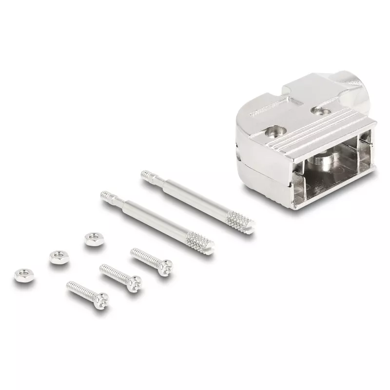 Caixa D-Sub DELOCK 9 pinos angular 90° com alívio de tração, plástico prateado, 33×47×16 mm